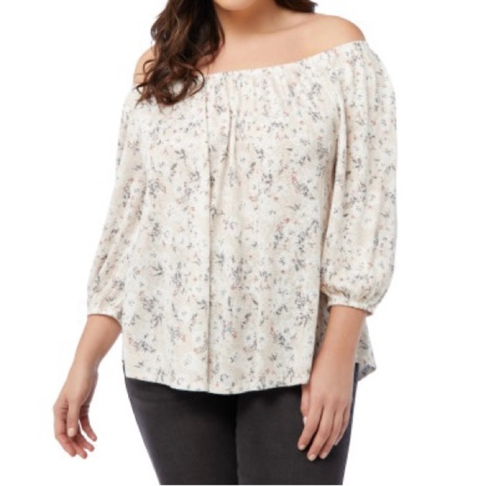Babeau- Printed Caty 3/4 Sleeve Off The Shoulder Top in Sand Floral 1X (14W-16W)